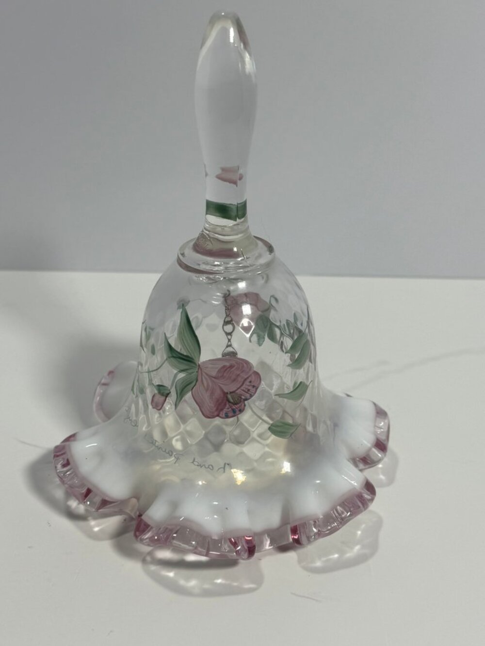 Fenton Hand Painted Glass Bell Pink Rose Signed by Artist White Crest Pink Trim